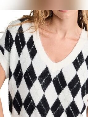 Free People Argyle Preppy Sweater Vest Black White Fuzzy Knit V-Neck, Size XS